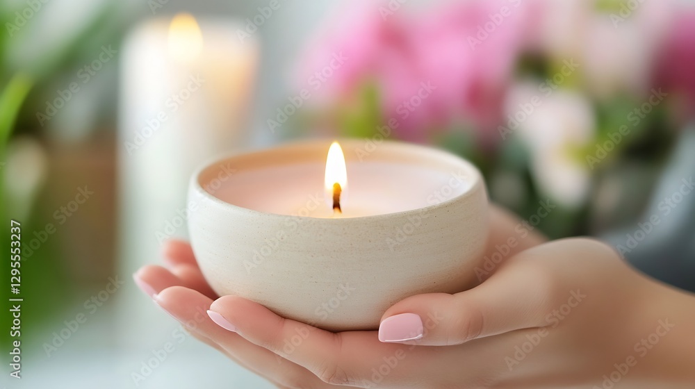 Aufkleber Luxurious candle with a cozy glow held in a hand representing relaxation and tranquility in a serene setting : Generative AI