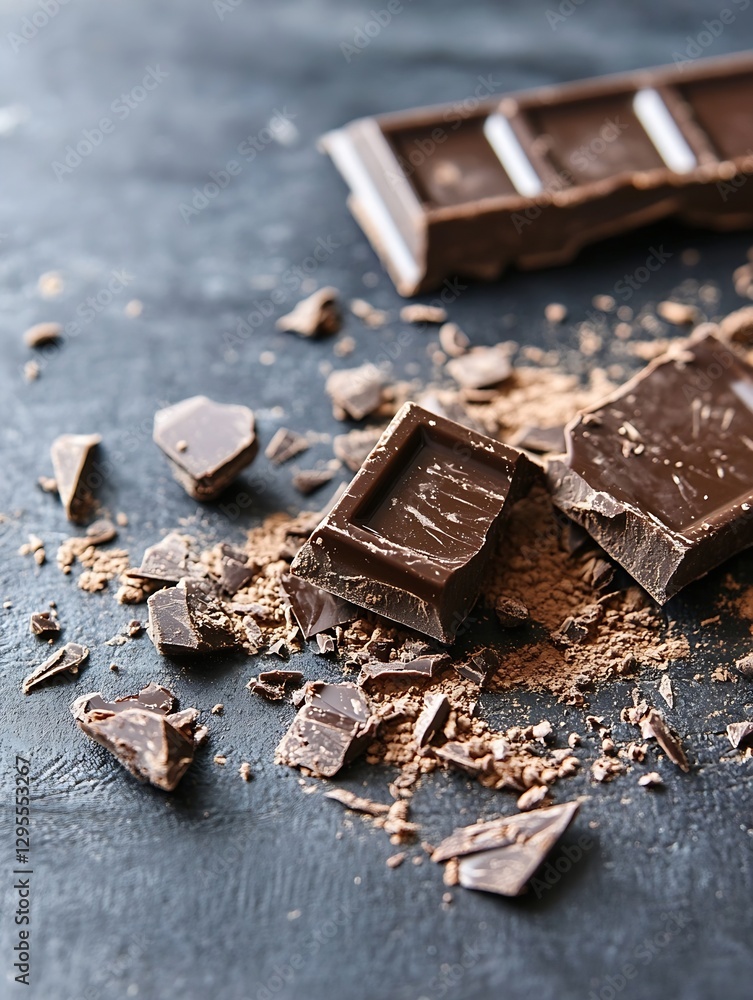 Poster delicious broken chocolate bar pieces with crumbs on dark surface ready for enjoyment : generative a