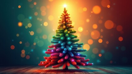 A beautifully decorated yule tree with colorful lights and a glowing star on top, set against a bokeh background.