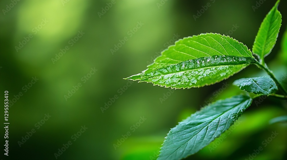 Poster closeup of fresh green leaves with water droplets creating a vivid natural botanical scene : generat