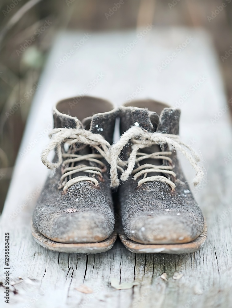 Poster pair of rustic felt boots with laces displayed on a weathered wooden surface showcasing vintage styl