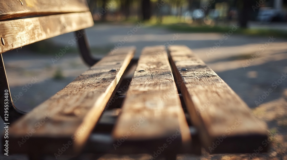 Poster close up of a weathered wooden bench highlighting texture and natural light in an outdoor setting : 