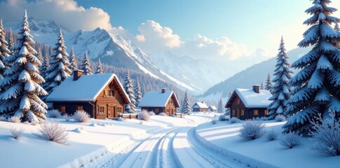 Village scene with snow-covered houses and trees, snow, festive lighting, holiday cheer