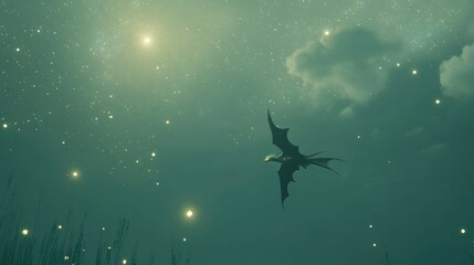 Fototapeta premium Dragon soars through a star filled night sky