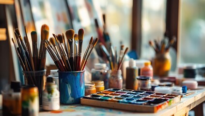 Fototapeta premium Colorful Paintbrushes and Supplies on Wooden Table in Art Studio