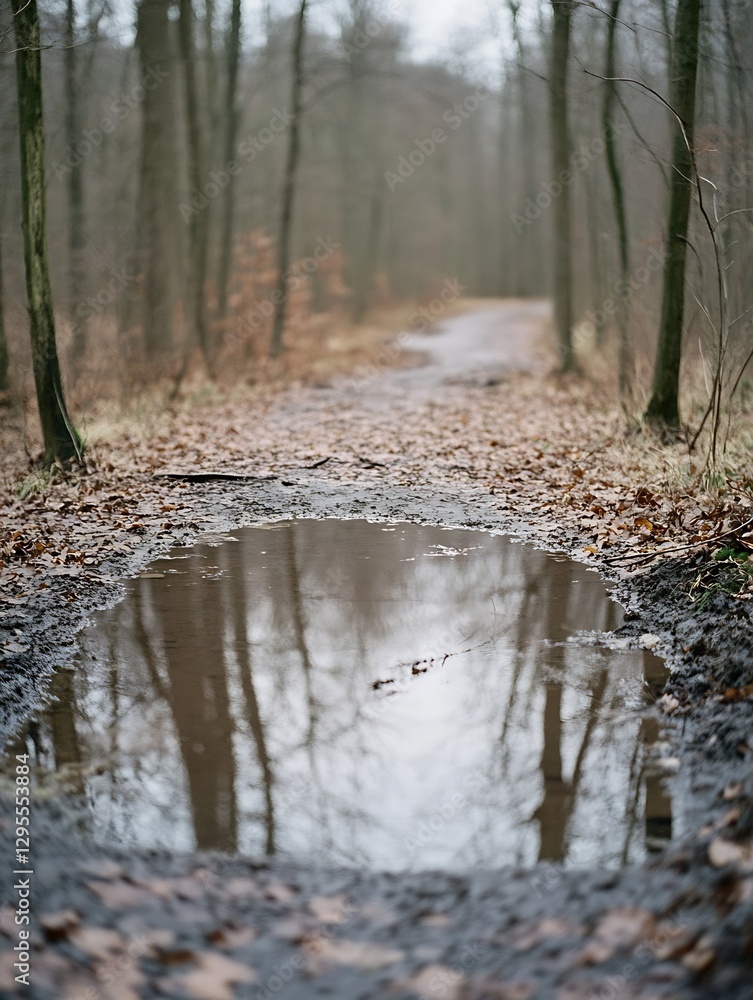 Aufkleber tranquil woodland path featuring a rainfilled puddle reflecting the delicate trees surrounding it : 