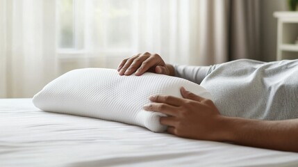 A person resting their injured elbow on a pillow in a serene bedroom. Featuring relaxation and...