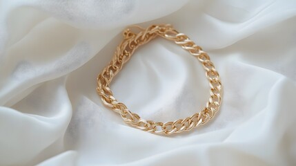 A delicate bracelet made of intertwined gold chains, resting on a white fabric backdrop