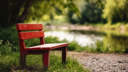 Serene outdoor park scene featuring a red wooden bench beside a tranquil river : Generative AI