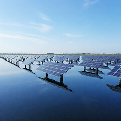 blue water reflection and solar panels