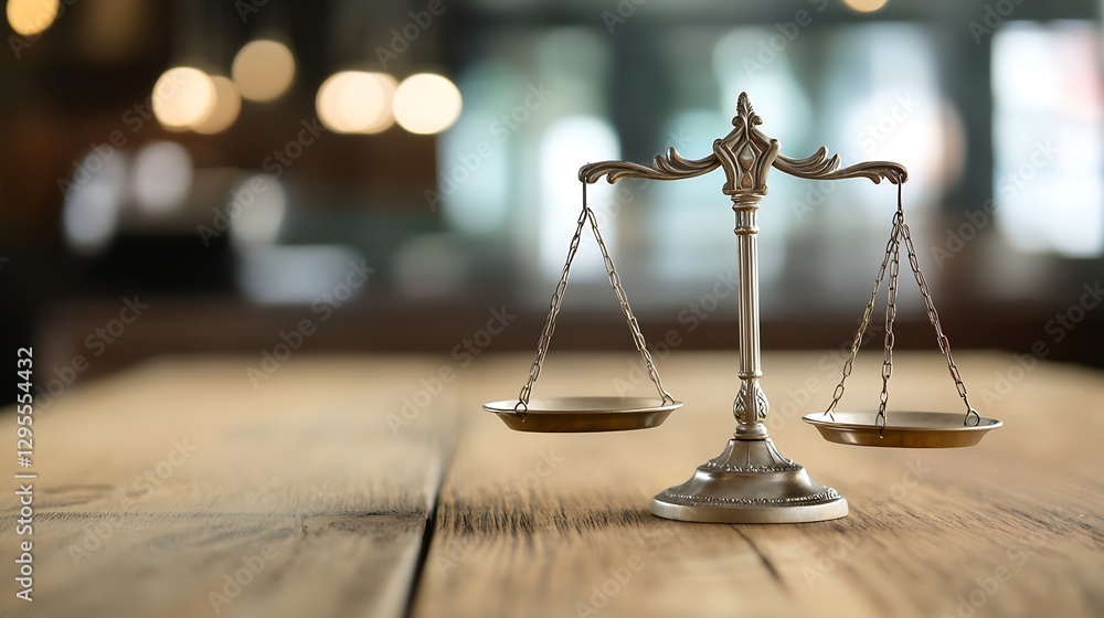 Poster elegant vintage balance scales placed on a rustic wooden table setting embodying justice and fairnes