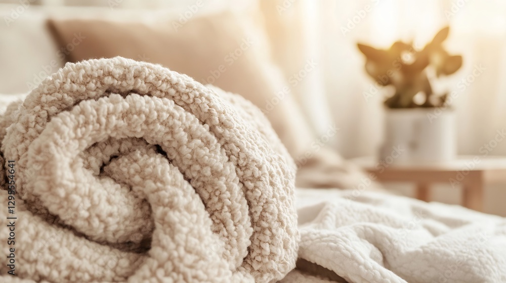 Poster soft rolled beige towel on a cozy bed with warm light and home decor accents in a tranquil setting :