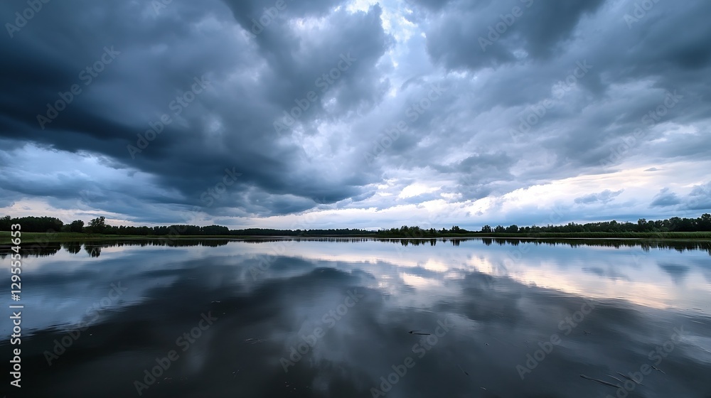 Poster stormy sky over calm lake with reflections of clouds and trees in water : generative ai