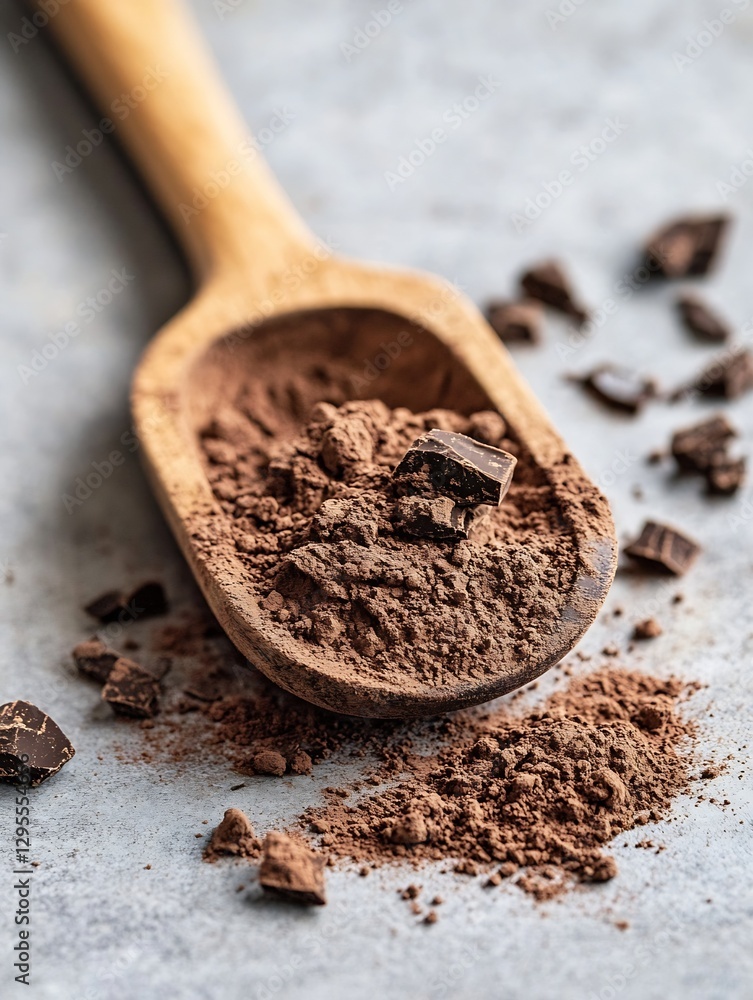 Aufkleber wooden spoon filled with rich chocolate powder and cocoa chunks on a textured surface showcasing bak