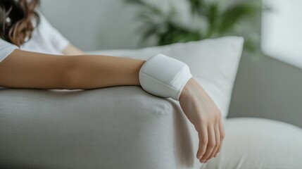 A person resting their injured elbow on a pillow while listening to soothing music in a cozy room. Featuring healing and comfort