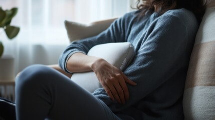 A person resting their injured elbow on a pillow while listening to soothing music in a cozy room. Featuring healing and comfort