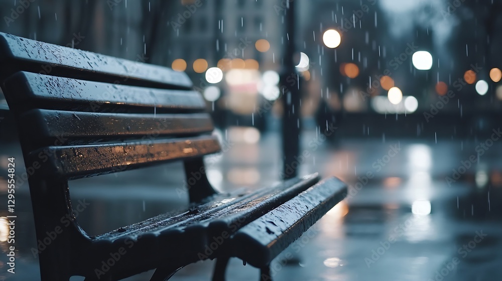 Poster Rainy park bench in urban setting with blurred lights and raindrops creating moody atmosphere : Generative AI