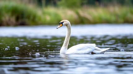 Obraz premium Elegant White Swan Swimming Gracefully in a Calm Lake : Generative AI