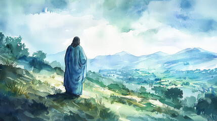 Emotional watercolor illustration of figure overlooking serene landscape