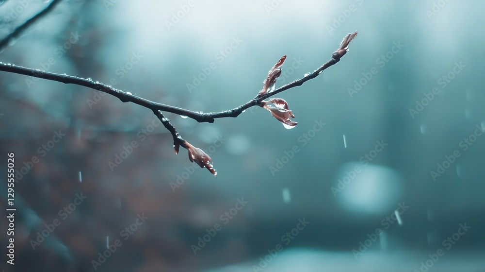 Poster Close up of budding tree branch adorned with raindrops and blurred background showing nature in spring season : Generative AI