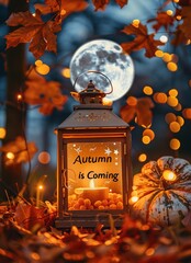 autumn still life with lantern and leaves