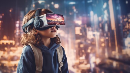 Kid Experiencing Virtual Reality with Futuristic Skyline Behind. Generative ai