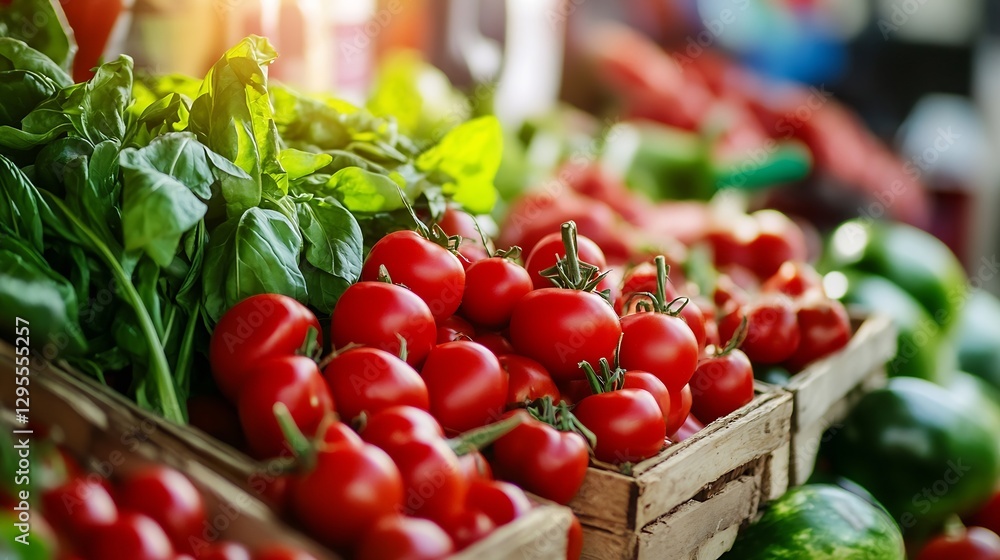 Aufkleber fresh and vibrant organic tomatoes displayed in crates with leafy greens at a local market : generat