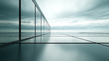Modern glass building, ocean view, cloudy sky, architectural design, website banner