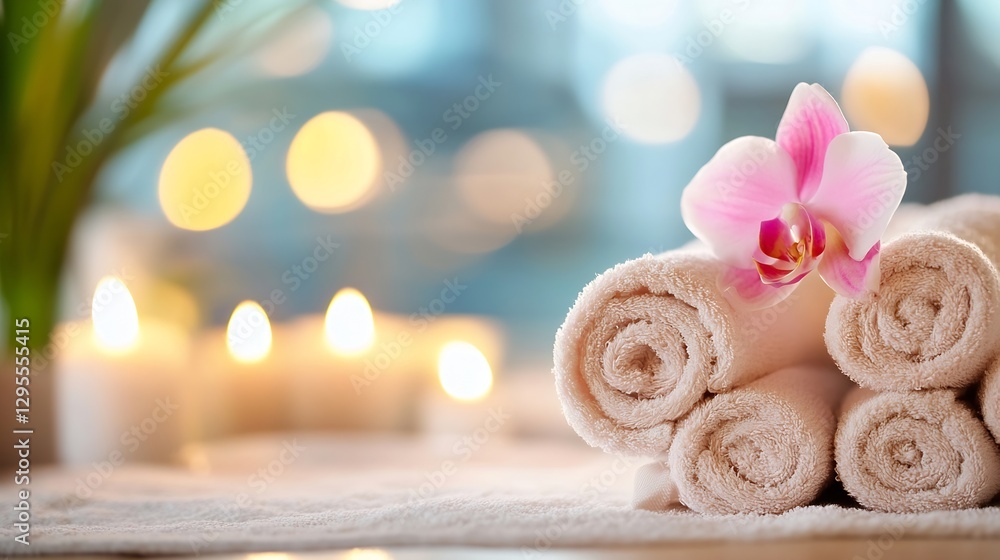 Poster relaxing spa scene with rolled towels and orchid flower on a background of soft candlelight : genera