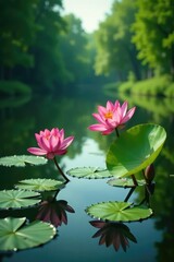 Pink lotus flower and water lilies create a serene scene, greenery, lake, water lily