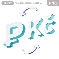 Illustration of the currency exchange between the Russian Rouble and the Czech Koruna on the blue background. Composition for economics and finance. 3d render