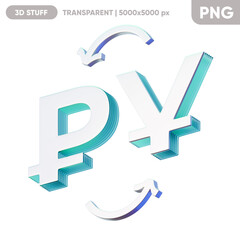 Illustration of the currency exchange between the Russian Rouble and the Chinese yuan on the blue background. Composition for economics and finance. 3d render