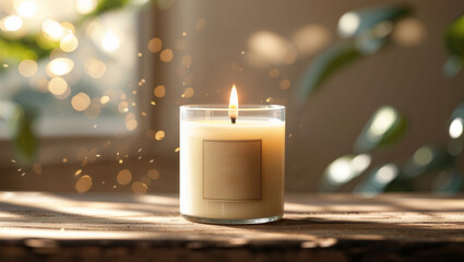 Candle flickers warmly on wooden table surrounded by natural light and soft bokeh effect