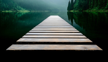 Fototapeta premium A serene wooden dock extends into a misty lake, surrounded by lush greenery, creating a tranquil and picturesque landscape.