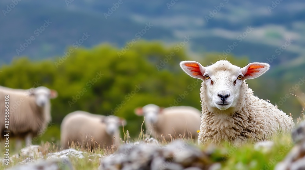 Poster close-up portrait of a cute sheep grazing in a meadow with green hills and a blurred background : ge
