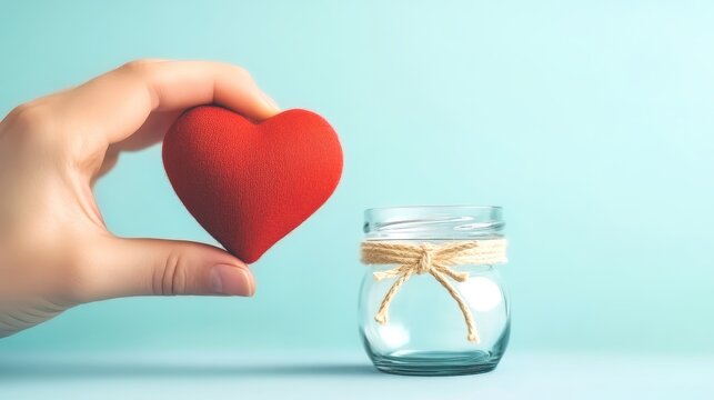 Placing a red heart-shaped object into a clear glass jar, a Donation symbolic charity
