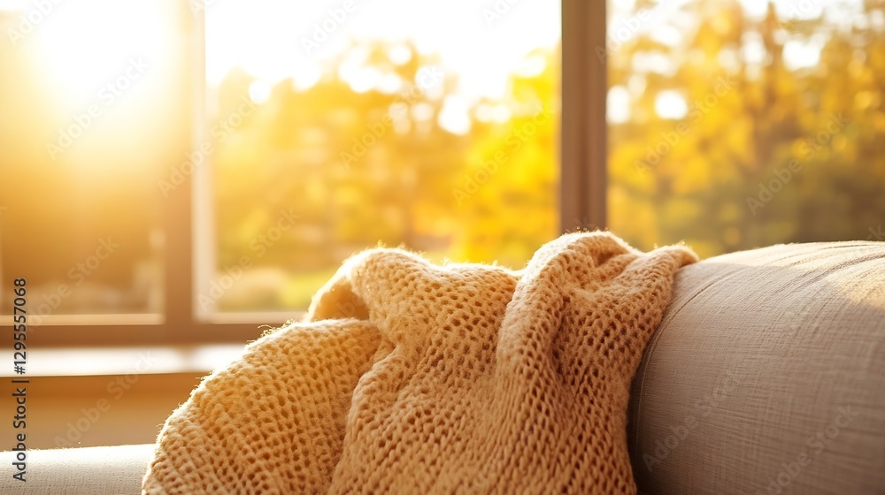 Poster Warm Knit Blanket Draped on Sofa with Sunlight Streaming Through Window Creating Cozy Atmosphere : Generative AI