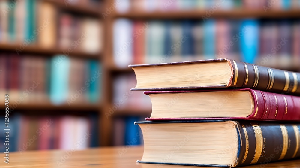 Poster stacked vintage books in a cozy library with a warm inviting atmosphere creating an educational envi
