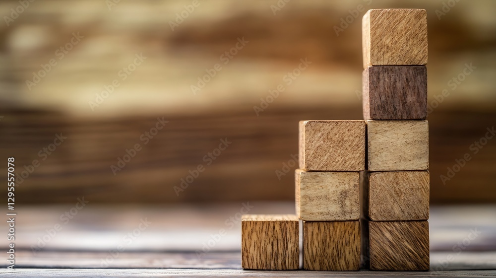 Aufkleber Wooden blocks arranged in a stacked formation representing growth and development on a rustic wooden surface : Generative AI