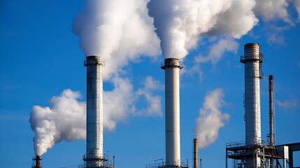 Industrial power plant with smoke stacks releasing steam into blue sky : Generative AI