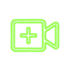Icon video plus from the flow of energy of green color. Shimmering neon