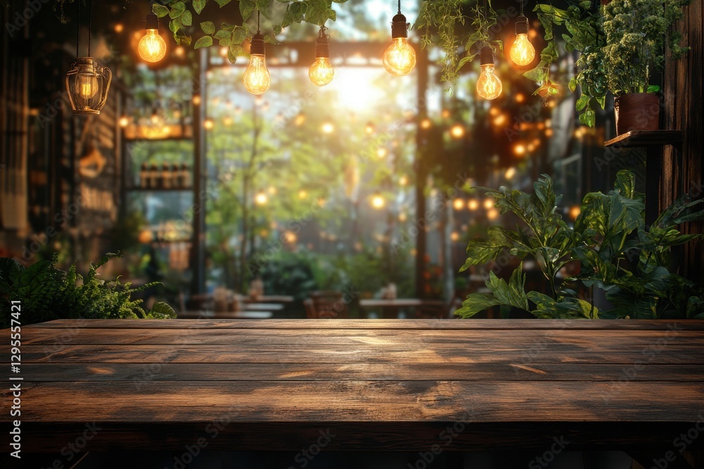 Aufkleber rustic wooden table with illuminated bulbs and lush greenery in a cozy restaurant setting with blurr