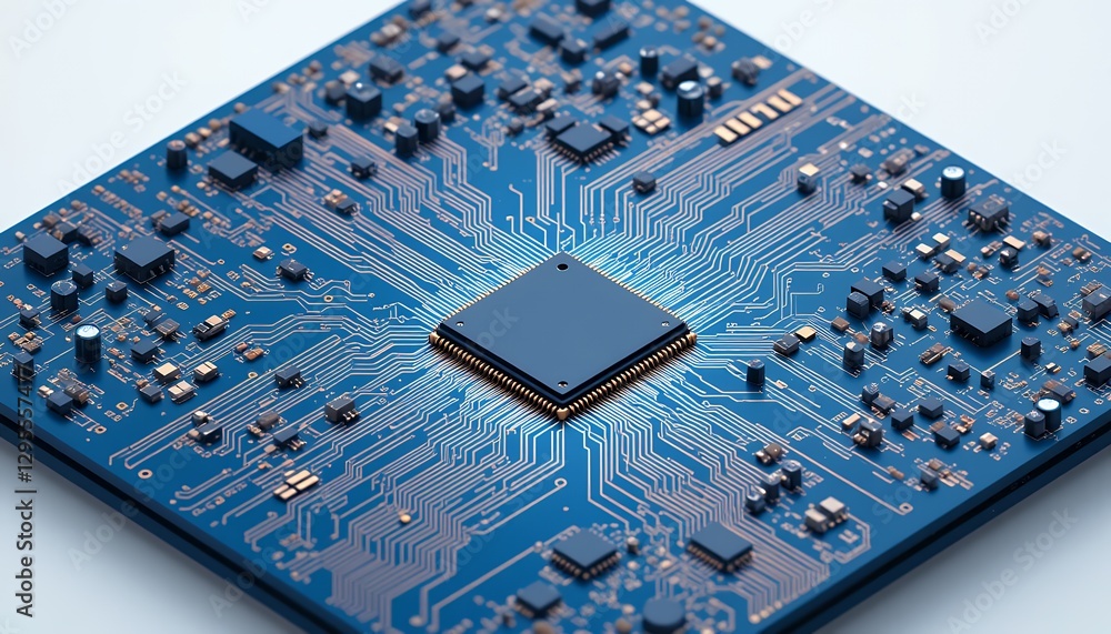 Poster circuit board close-up, high-tech microchip and intricate design