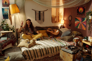 Seated man in bohemian bedroom holding peace sign with guitar nearby and eclectic decor. Warm...