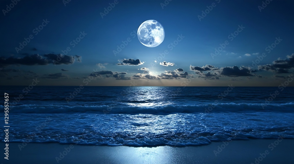Poster enchanting moody night scene of the ocean illuminated by a bright full moon and gentle waves : gener
