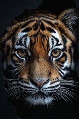  A close up of a tiger's face through a hole in a wall