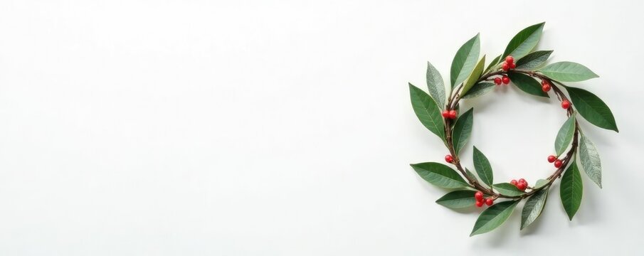 Simple white background with a small Christmas wreath in the corner, minimalist, simple, wreath