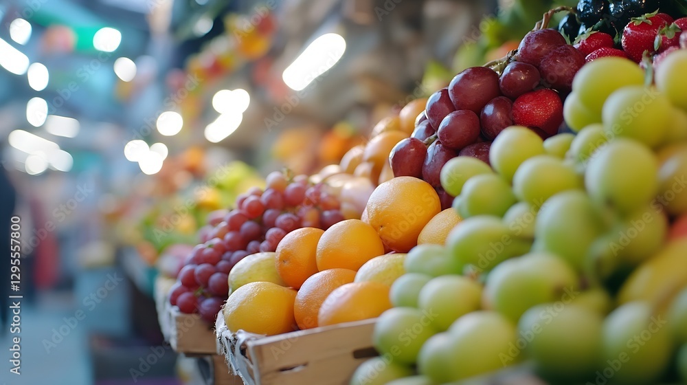 Poster vibrant display of fresh fruits at local market with soft background : generative ai