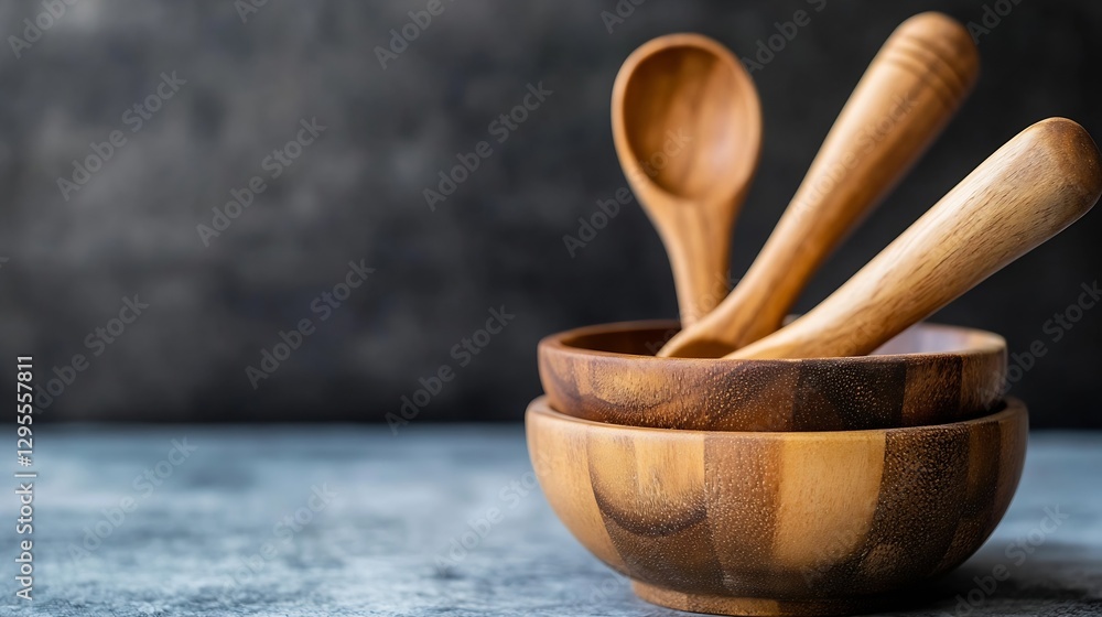 Poster high quality wooden spoons and bowls showcase on textured gray background : generative ai