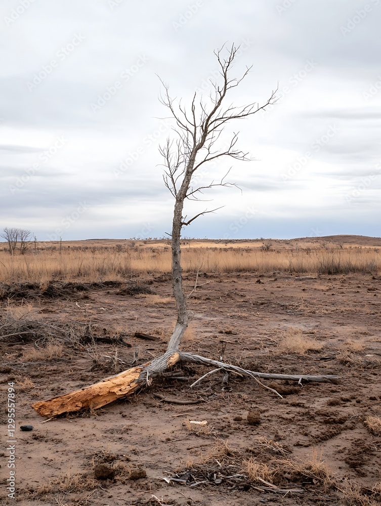 Poster lonely dry tree standing amidst a barren land with overcast skies highlighting its solitary presence